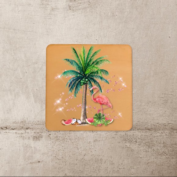 Hand Crafted Other - Tropical Palm Tree and Flamingo Set of 4 Wood Coasters